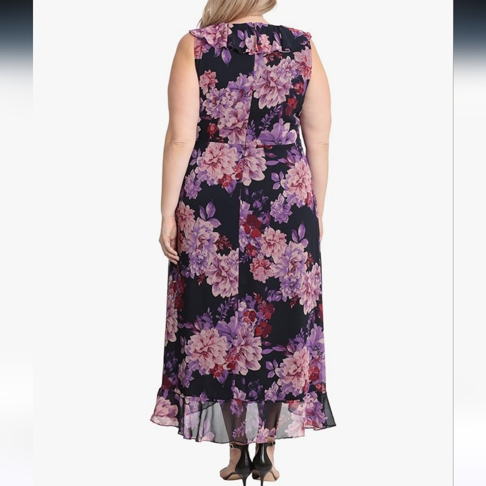 London Times Dark Floral Ruffled Midi Dress. Wedding Guest, Garden Party - Picture 8 of 14
